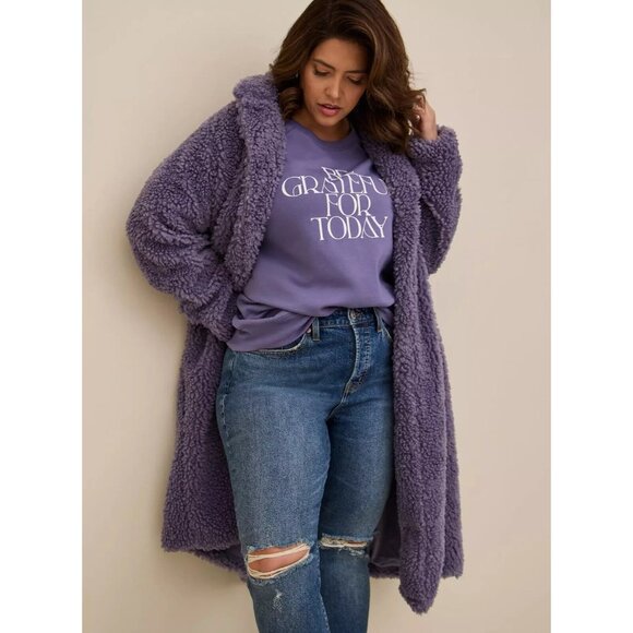 Torrid 0 Maxi Coat Size 12 Purple Soft Sherpa Open Front Lined NWT - Picture 3 of 15